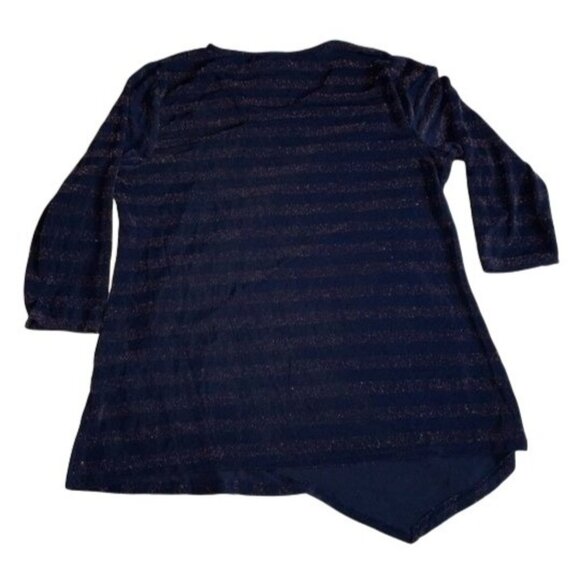 JM Collection Navy Metallic Stripe Asymmetrical Hem Top L - Picture 2 of 4